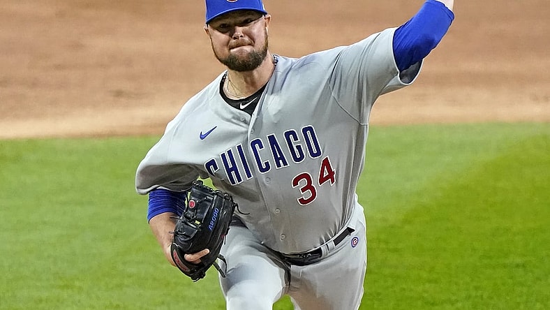 Sep 26, 2020; Chicago, Illinois, USA; Chicago Cubs starting pitcher Jon Lester (34) throws a pitch against the Chicago White Sox during the first inning at Guaranteed Rate Field. Mandatory Credit: Mike Dinovo-USA TODAY Sports