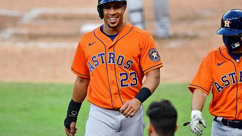 Oct 16, 2020; San Diego, California, USA; Houston Astros designated hitter Michael Brantley (23) reacts after scoring against the Tampa Bay Rays on an sacrifice fly hit by right fielder Kyle Tucker (not pictured) during the seventh inning during game six of the 2020 ALCS at Petco Park. The Houston Astros won 7-4. Mandatory Credit: Jayne Kamin-Oncea-USA TODAY Sports