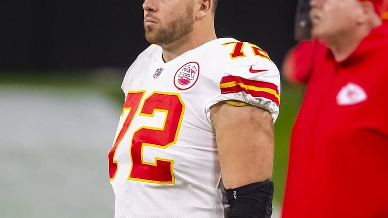 Nov 22, 2020; Paradise, Nevada, USA; Kansas City Chiefs offensive tackle Eric Fisher (72) against the Las Vegas Raiders at Allegiant Stadium. Mandatory Credit: Mark J. Rebilas-USA TODAY Sports