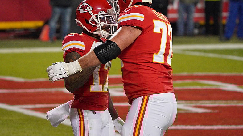 Jan 24, 2021; Kansas City, MO, USA; Kansas City Chiefs wide receiver Mecole Hardman (17) celebrates with offensive tackle Eric Fisher (72) after scoring a touchdown against the Buffalo Bills during the second quarter in the AFC Championship Game at Arrowhead Stadium. Mandatory Credit: Denny Medley-USA TODAY Sports