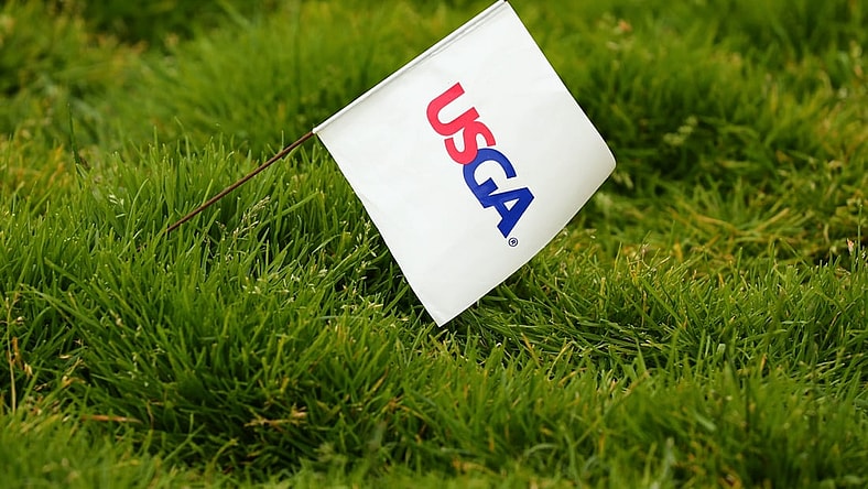 June 14, 2019; Pebble Beach, CA, USA; USGA drop zone marker near the 4th green during the second round of the 2019 U.S. Open golf tournament at Pebble Beach Golf Links. Mandatory Credit: Rob Schumacher-USA TODAY Sports