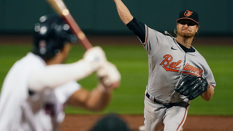 Sep 24, 2020; Boston, Massachusetts, USA; Baltimore Orioles starting pitcher Alex Cobb (17) throws a pitch against the Boston Red Sox in the first inning at Fenway Park. Mandatory Credit: David Butler II-USA TODAY Sports