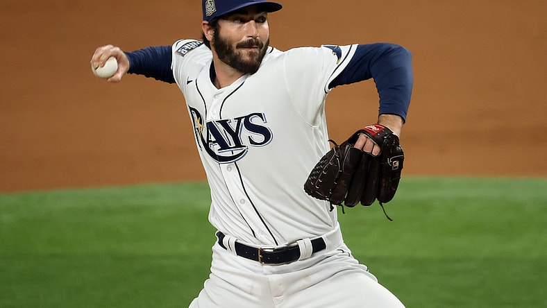 Oct 23, 2020; Arlington, Texas, USA; Tampa Bay Rays relief pitcher John Curtiss (84) throws against the Los Angeles Dodgers during the fifth inning of game three of the 2020 World Series at Globe Life Field. Mandatory Credit: Kevin Jairaj-USA TODAY Sports