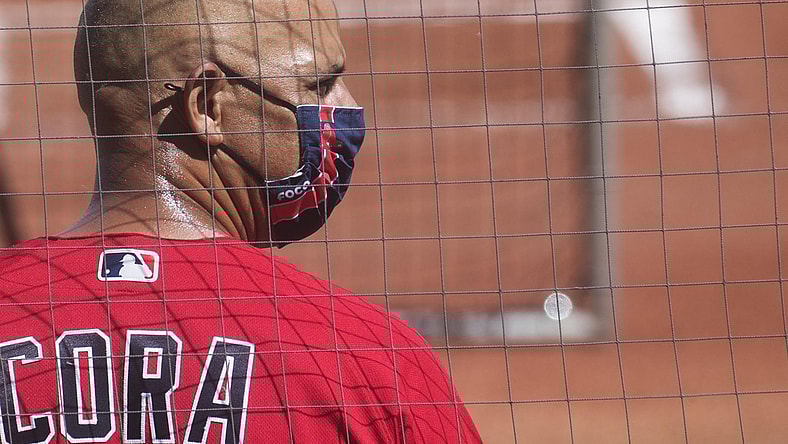 Feb 22, 2021; Fort Myers, FL, USA; Boston Red Sox manager Alex Cora watches batting practice at Jet Blue Park in Fort Myers on Monday, February 22, 2021. It was the first full squad spring training workout. Mandatory Credit: Andrew West/The News-Press-USA TODAY Sports
