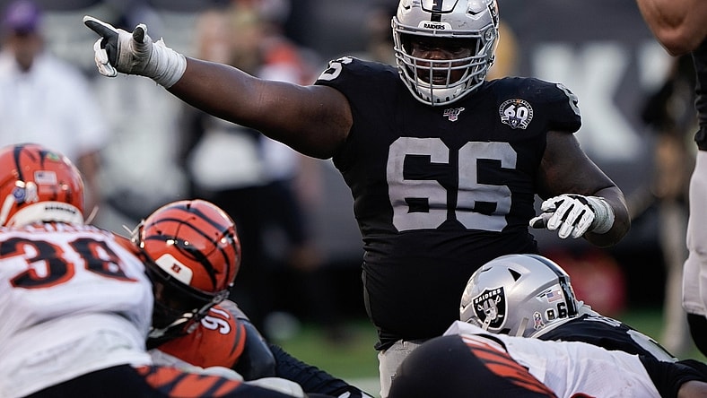 Nov 17, 2019; Oakland, CA, USA; Oakland Raiders offensive guard Gabe Jackson (66) signals against the Cincinnati Bengals during the fourth quarter at the Oakland Coliseum. Mandatory Credit: Stan Szeto-USA TODAY Sports