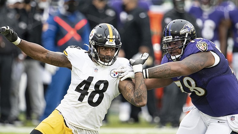 Nov 1, 2020; Baltimore, Maryland, USA;  Pittsburgh Steelers outside linebacker Bud Dupree (48) rushes as Baltimore Ravens offensive tackle Orlando Brown (78) blocks during the first half at M&T Bank Stadium. Mandatory Credit: Tommy Gilligan-USA TODAY Sports