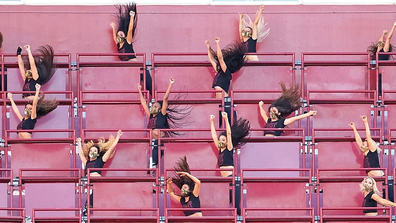 Nov 8, 2020; Landover, Maryland, USA; Members of the Washington Football Team cheerleaders dance in the stands against the New York Giants at FedExField. Mandatory Credit: Geoff Burke-USA TODAY Sports