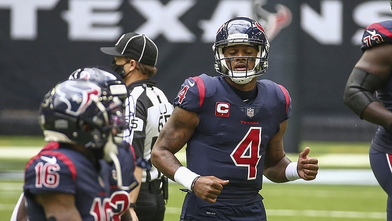 Dec 27, 2020; Houston, Texas, USA; Houston Texans quarterback Deshaun Watson (4) jogs off the field after a play against the Cincinnati Bengals during the first quarter at NRG Stadium. Mandatory Credit: Troy Taormina-USA TODAY Sports