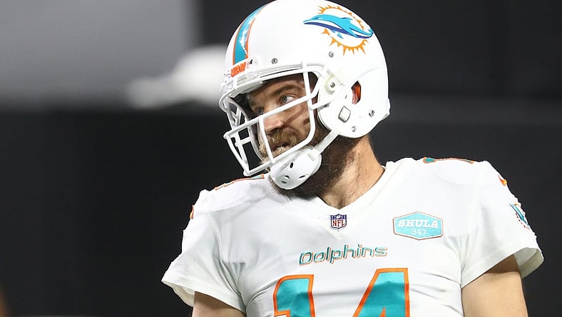 Dec 26, 2020; Paradise, Nevada, USA; Miami Dolphins quarterback Ryan Fitzpatrick (14) against the Las Vegas Raiders at Allegiant Stadium. Mandatory Credit: Mark J. Rebilas-USA TODAY Sports