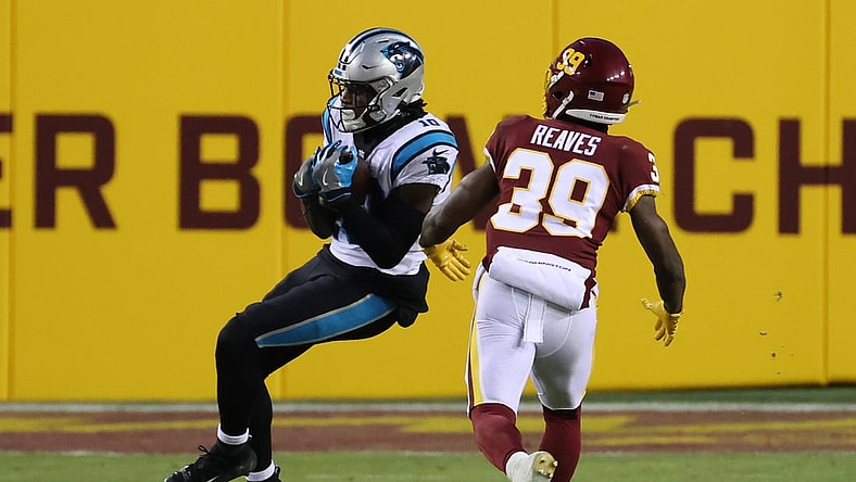 Dec 27, 2020; Landover, Maryland, USA; Carolina Panthers wide receiver Curtis Samuel (10) catches a pass as Washington Football Team defensive back Jeremy Reaves (39) in the second quarter at FedExField. Mandatory Credit: Geoff Burke-USA TODAY Sports