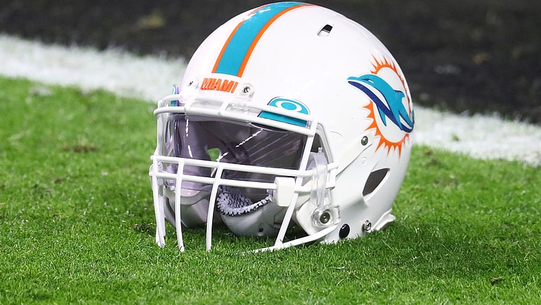 Dec 26, 2020; Paradise, Nevada, USA; Detailed view of a Miami Dolphins helmet against the Las Vegas Raiders at Allegiant Stadium. Mandatory Credit: Mark J. Rebilas-USA TODAY Sports