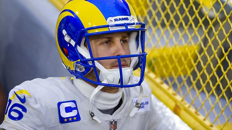 Jan 16, 2021; Green Bay, Wisconsin, USA; Los Angeles Rams quarterback Jared Goff (16) against Green Bay Packers during the NFC Divisional Round at Lambeau Field. Mandatory Credit: Mark J. Rebilas-USA TODAY Sports