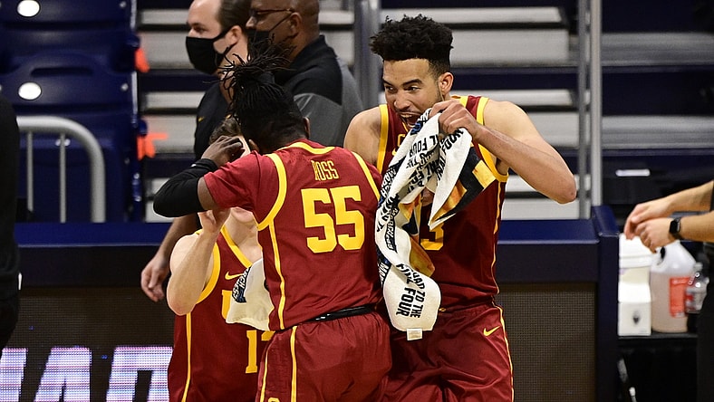 Mar 22, 2021; Indianapolis, Indiana, USA; Southern California Trojans forward Isaiah Mobley (3) celebrates with guard Amar Ross (55) during the second half in the second round of the 2021 NCAA Tournament against the Kansas Jayhawks at Hinkle Fieldhouse. Mandatory Credit: Marc Lebryk-USA TODAY Sports