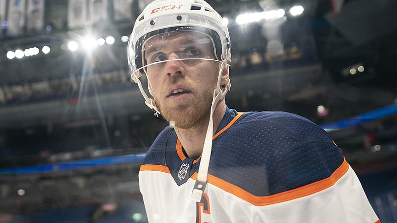 Mar 27, 2021; Toronto, Ontario, CAN; Edmonton Oilers center Connor McDavid (97) skates during the warm-up against the Toronto Maple Leafs at Scotiabank Arena. Mandatory Credit: Nick Turchiaro-USA TODAY Sports