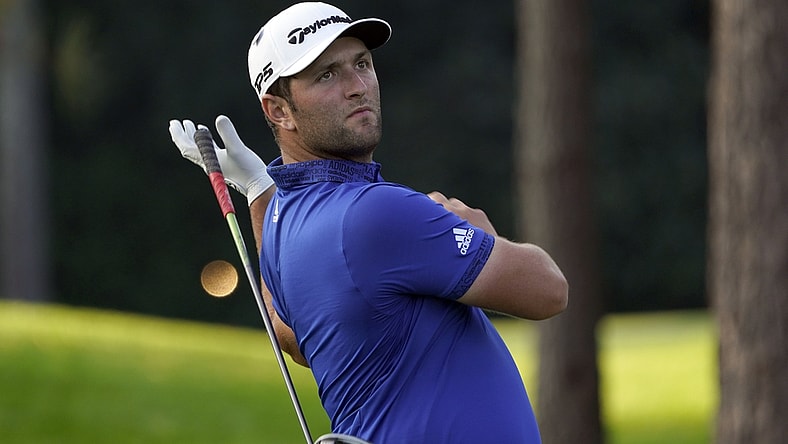 Nov 14, 2020; Augusta, Georgia, USA; Jon Rahm drops his club on the 17th tee during the third round of The Masters golf tournament at Augusta National GC. Mandatory Credit: Michael Madrid-USA TODAY Sports
