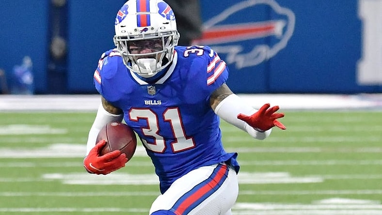 Jan 3, 2021; Orchard Park, New York, USA; Buffalo Bills strong safety Dean Marlowe (31) returns an interception against the Miami Dolphins in the fourth quarter at Bills Stadium. Mandatory Credit: Mark Konezny-USA TODAY Sports