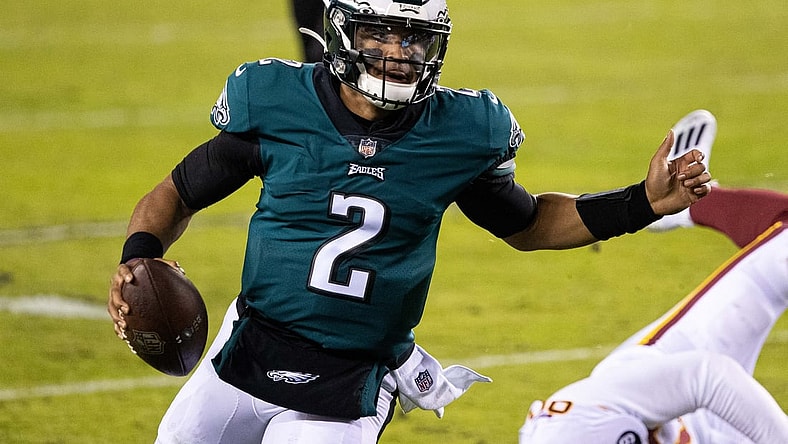 Jan 3, 2021; Philadelphia, Pennsylvania, USA; Philadelphia Eagles quarterback Jalen Hurts (2) in action against the Washington Football Team during the second quarter at Lincoln Financial Field. Mandatory Credit: Bill Streicher-USA TODAY Sports