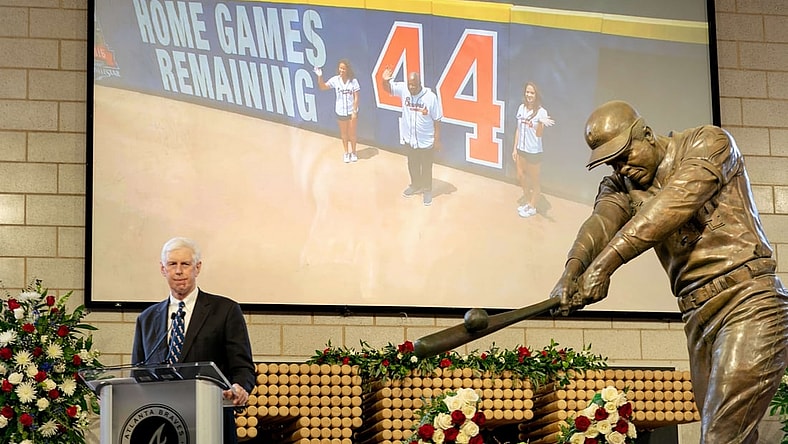 Jan 26, 2021; Atlanta, GA, USA; Braves Chairman Terry McGuirk speaks during "A Celebration of Henry Louis Aaron," a memorial service celebrating the life and enduring legacy of the late Hall of Famer and American icon, on Tuesday, Jan. 26, 2021 at Truist Park in Atlanta. Mandatory Credit: Kevin D. Liles/Pool Photo-USA TODAY Sports