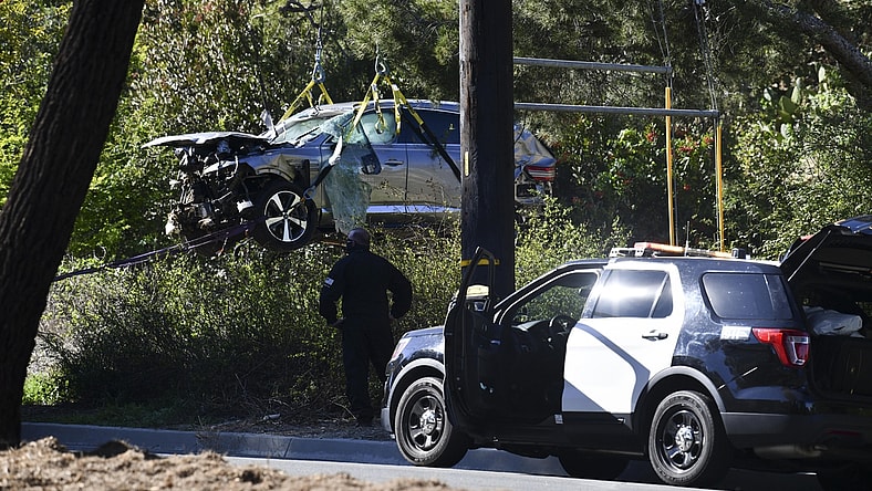 Feb 23, 2021; Rancho Palos Verdes, CA, USA; The vehicle of Tiger Woods after he was involved in a rollover accident in Rancho Palos Verdes on February 23, 2021. Woods had to be extricated from the wreck with the "jaws of life" by LA County firefighters, and is currently hospitalized. Mandatory Credit: Harrison Hill-USA TODAY