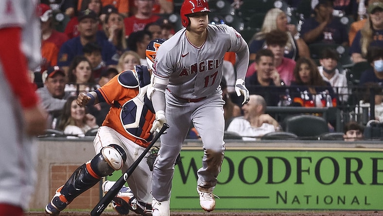 Apr 23, 2021; Houston, Texas, USA; Los Angeles Angels designated hitter Shohei Ohtani (17) hits an RBI double during the fifth inning against the Houston Astros at Minute Maid Park. Mandatory Credit: Troy Taormina-USA TODAY Sports