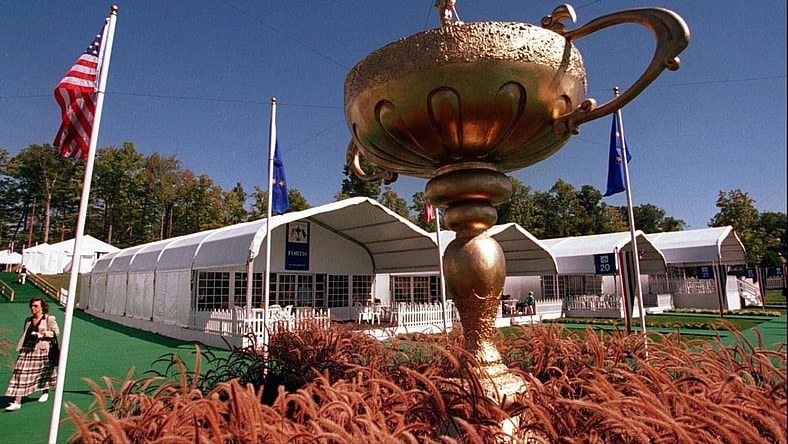 A gigantic replica of the Ryder Cup adorns the courtyard of the corporate tents on the Oak hill grounds. Photo by Shawn Dowd

A gigantic replica of the Ryder Cup adorns the courtyard of the corporate tents on the Oak hill grounds Sept. 19, 1995.

Ryder Cup Corporate Tents