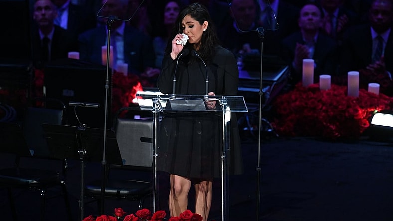 Feb 24, 2020; Los Angeles, California, USA;   Vanessa Bryant weeps while delivering her speech during the memorial to celebrate the life of Kobe Bryant and daughter Gianna Bryant at Staples Center. Mandatory Credit: Robert Hanashiro-USA TODAY Sports