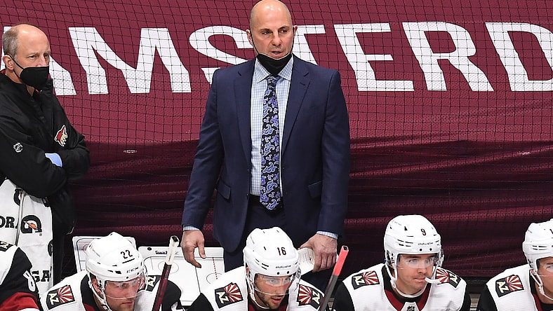 Mar 8, 2021; Denver, Colorado, USA; Arizona Coyotes head coach Rick Tocchet during the first period against the Colorado Avalanche at Ball Arena. Mandatory Credit: Ron Chenoy-USA TODAY Sports