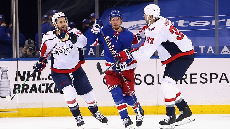 May 5, 2021; New York, New York, USA;  Pavel Buchnevich #89 of the New York Rangers skates against Tom Wilson #43 and Zdeno Chara #33 of the Washington Capitals during the first period at Madison Square Garden. Mandatory Credit:  Bruce Bennett/POOL PHOTOS-USA TODAY Sports