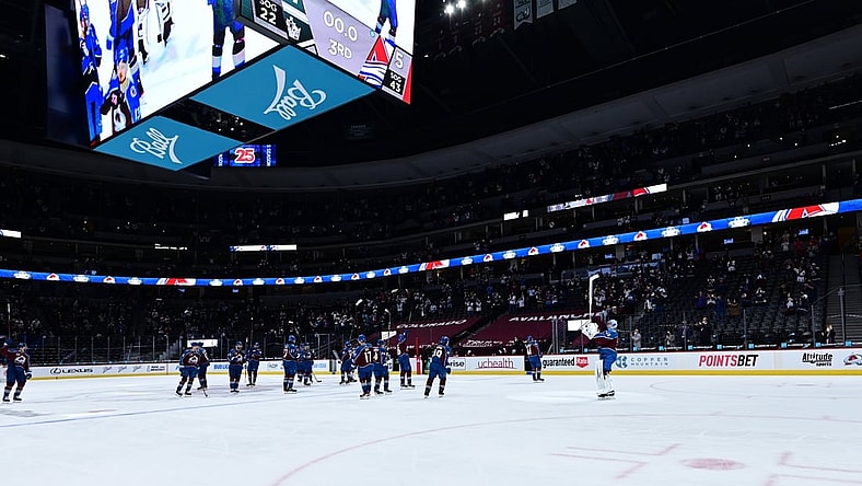 May 13, 2021; Denver, Colorado, USA; Members of the Colorado Avalanche celebrate defeating the Los Angeles Kings at Ball Arena. Mandatory Credit: Ron Chenoy-USA TODAY Sports