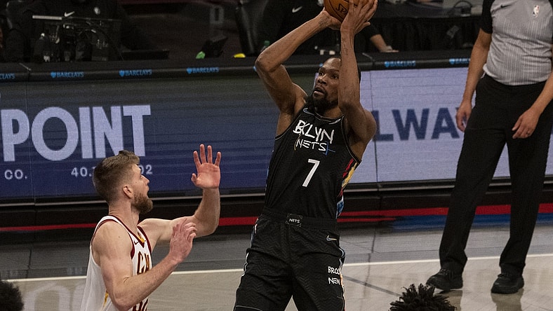 May 16, 2021; Brooklyn, New York, USA; Brooklyn Nets power forward Kevin Durant (7) shoots a jump shot during the second quarter against the Cleveland Cavaliers at Barclays Center. Mandatory Credit: Gregory Fisher-USA TODAY Sports