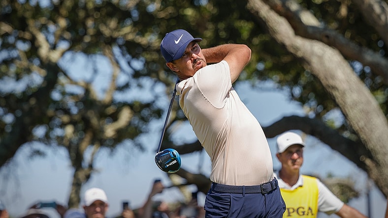 May 23, 2021; Kiawah Island, South Carolina, USA; Brooks Koepka hits from the tee during the final round of the PGA Championship golf tournament. Mandatory Credit: Geoff Burke-USA TODAY Sports