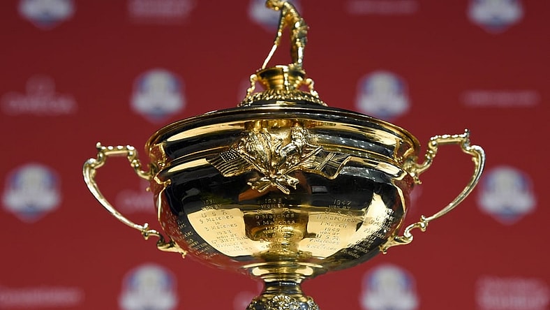 Aug 13, 2018; Saint Louis, MO, USA; Detail view of the Ryder Cup Trophy during a press conference as U.S. Team captain Jim Furyk (not pictured) officially name the eight qualifying members of the 2018 U.S. Ryder Cup team at Bellerive Country Club. Mandatory Credit: John David Mercer-USA TODAY Sports