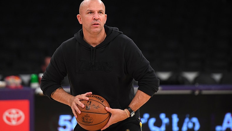 Nov 19, 2019; Los Angeles, CA, USA; Los Angeles Lakers coach Jason Kidd warms up players before the game against the Oklahoma City Thunder at Staples Center. Mandatory Credit: Jayne Kamin-Oncea-USA TODAY Sports