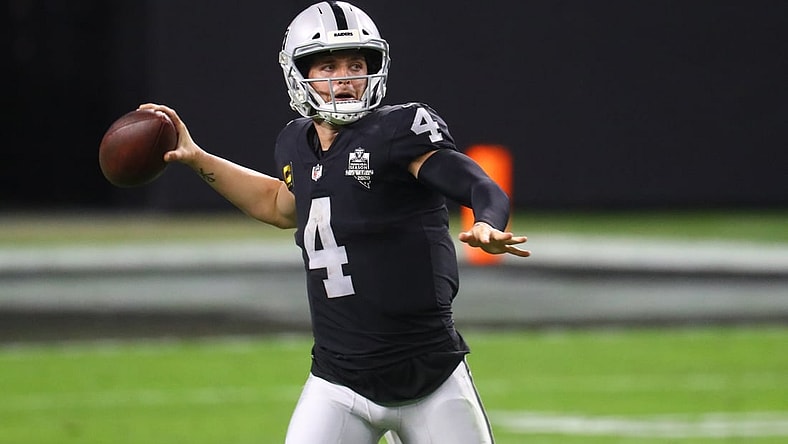 Dec 26, 2020; Paradise, Nevada, USA; Las Vegas Raiders quarterback Derek Carr (4) against the Miami Dolphins at Allegiant Stadium. Mandatory Credit: Mark J. Rebilas-USA TODAY Sports