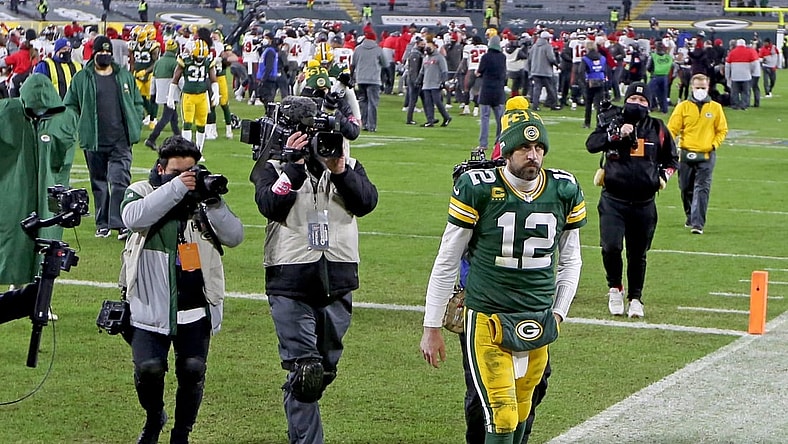 Green Bay Packers quarterback Aaron Rodgers (12) walks off the field fter the Green Bay Packers 31-26 loss to the Tampa Bay Buccaneers in the NFC Championship playoff game Sunday, Jan. 24, 2021 at Lambeau Field in Green Bay, Wis. - Photo by Mike De Sisti / Milwaukee Journal Sentinel via USA TODAY NETWORK ORG XMIT: DBY1Nickelcol01 P2