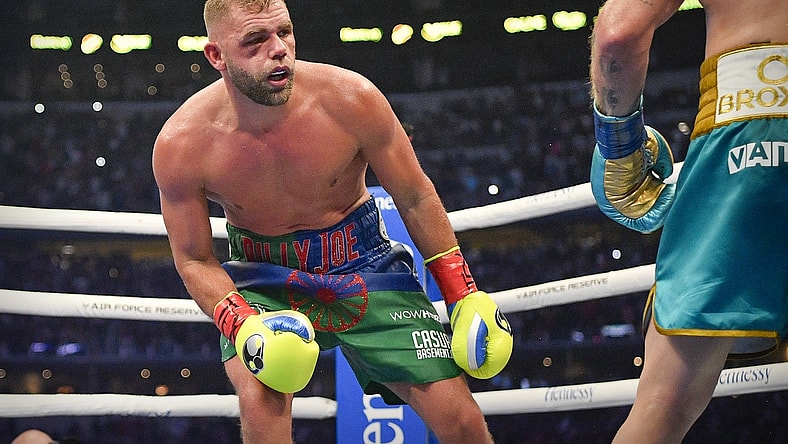 May 8, 2021; Arlington, Texas, USA; Boxer Billy Joe Saunders suffers a quadripod fracture to his orbital bone on a punch from Canelo Alvarez and loses on a technical knockout during a super middleweight boxing title fight at AT&T Stadium. Mandatory Credit: Jerome Miron-USA TODAY Sports