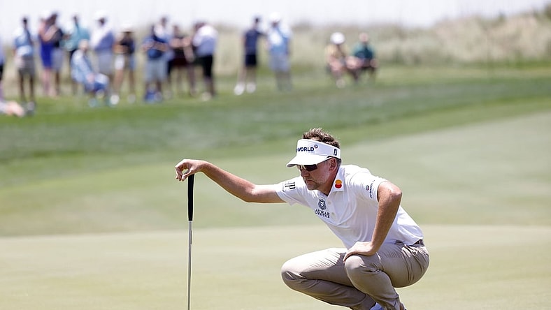 May 21, 2021; Kiawah Island, South Carolina, USA; Ian Poulter lines his putt on the fifteenth green during the second round of the PGA Championship golf tournament. Mandatory Credit: Geoff Burke-USA TODAY Sports