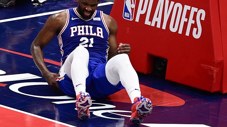 May 31, 2021; Washington, District of Columbia, USA; Philadelphia 76ers center Joel Embiid (21) reacts after a play during game four against the Washington Wizards  in the first round of the 2021 NBA Playoffs. at Capital One Arena. Mandatory Credit: Tommy Gilligan-USA TODAY Sports
