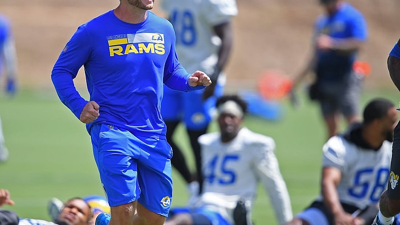 Jun 8, 2021; Thousand Oaks, CA, USA;  Los Angeles Rams head coach Sean McVay smiles during mini camp held at the practice facility at Cal State Lutheran. Mandatory Credit: Jayne Kamin-Oncea-USA TODAY Sports