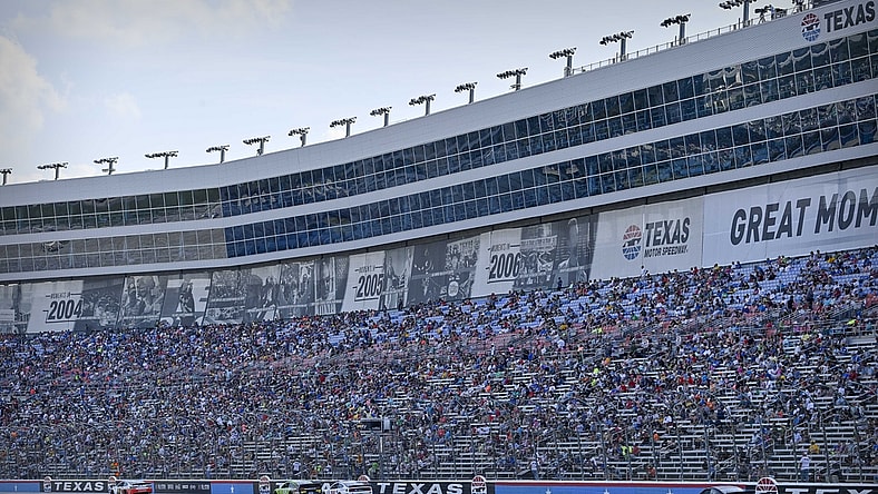 Jun 13, 2021; Fort Worth, TX, USA; A view of the front stretch during the NASCAR All-Star Open at Texas Motor Speedway. Mandatory Credit: Jerome Miron-USA TODAY Sports