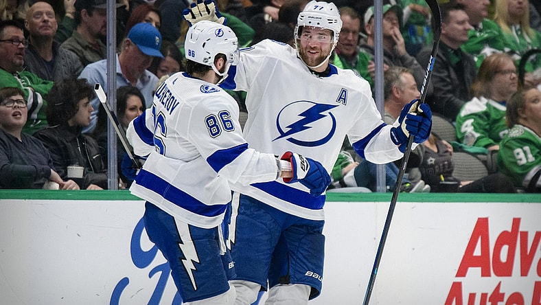 Jan 27, 2020; Dallas, Texas, USA; Tampa Bay Lightning right wing Nikita Kucherov (86) and defenseman Victor Hedman (77) celebrate a goal during the game between the Stars and the Lightning at the American Airlines Center. Mandatory Credit: Jerome Miron-USA TODAY Sports