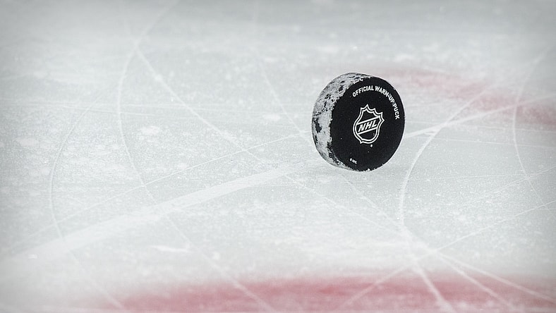 Jan 26, 2021; Dallas, Texas, USA; A view of a puck and the NHL logo and the face-off circle before the game between the Dallas Stars and the Detroit Red Wings at the American Airlines Center. Mandatory Credit: Jerome Miron-USA TODAY Sports