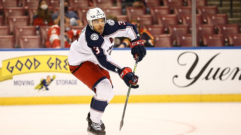 Apr 20, 2021; Sunrise, Florida, USA; Columbus Blue Jackets defenseman Seth Jones (3) passes the puck against the Florida Panthers during the second period at BB&T Center. Mandatory Credit: Sam Navarro-USA TODAY Sports