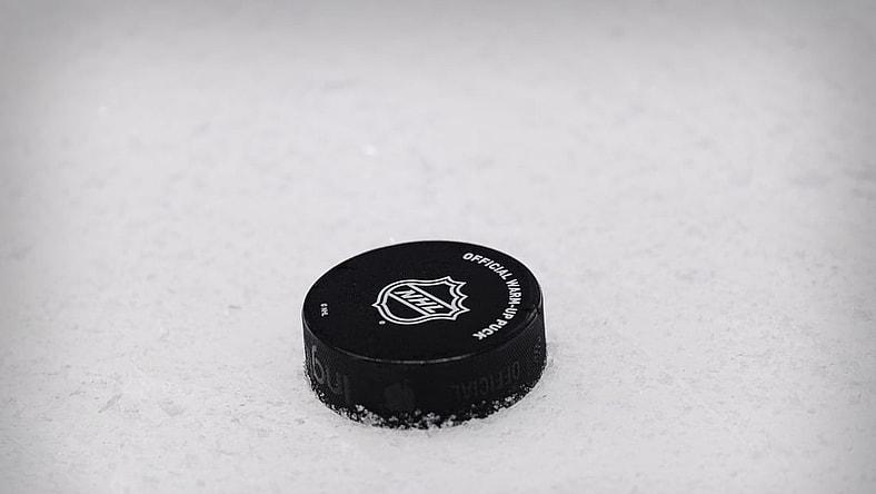 Apr 26, 2021; Dallas, Texas, USA;  A view of an NHL hockey puck before the game between the Dallas Stars and the Carolina Hurricanes at the American Airlines Center. Mandatory Credit: Jerome Miron-USA TODAY Sports
