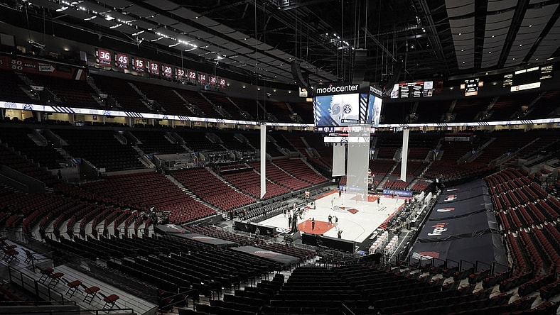 May 27, 2021; Portland, Oregon, USA; A general view inside the Moda Center before game three in the first round of the 2021 NBA Playoffs. Mandatory Credit: Soobum Im-USA TODAY Sports