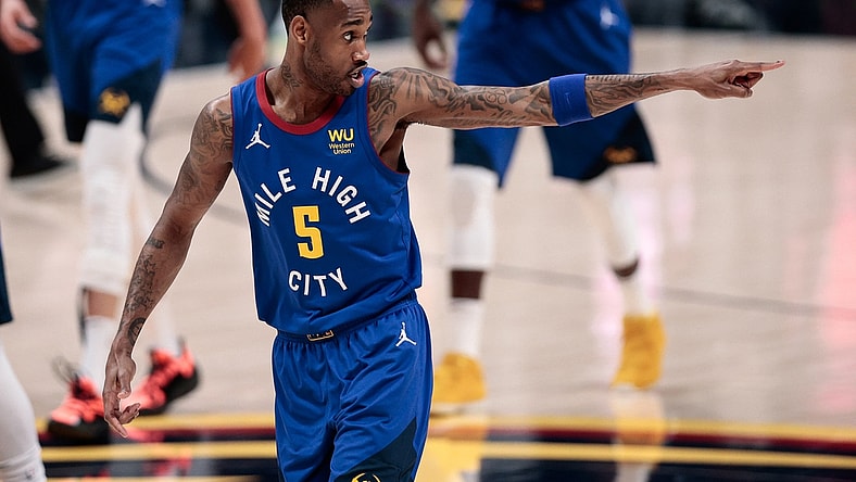 Jun 11, 2021; Denver, Colorado, USA; Denver Nuggets forward Will Barton (5) gestures after a play in the first quarter against the Phoenix Suns during game three in the second round of the 2021 NBA Playoffs at Ball Arena. Mandatory Credit: Isaiah J. Downing-USA TODAY Sports