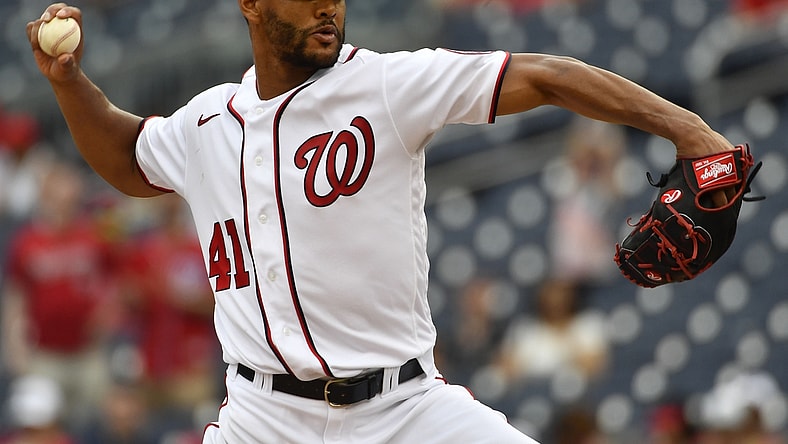 Jun 13, 2021; Washington, District of Columbia, USA; Washington Nationals starting pitcher Joe Ross (41) throws to the San Francisco Giants during the eighth inning at Nationals Park. Mandatory Credit: Brad Mills-USA TODAY Sports