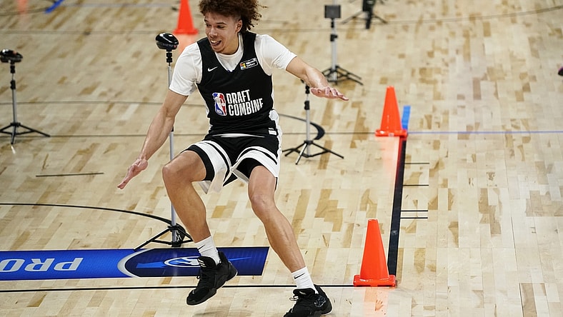 Jun 23, 2021; Chicago, Illinois, USA; Ohio's Jason Preston participates during the NBA Draft Combine at Wintrust Arena.Mandatory Credit: David Banks-USA TODAY Sports