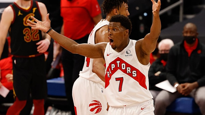 Apr 26, 2021; Tampa, Florida, USA;  Toronto Raptors guard Kyle Lowry (7) reacts to a called foul in the third quarter in a game against the Cleveland Cavaliers at Amalie Arena. Mandatory Credit: Nathan Ray Seebeck-USA TODAY Sports