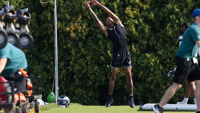 Jul 28, 2021; Philadelphia, PA, USA; Philadelphia Eagles wide receiver DeVonta Smith works out during training camp at NovaCare Complex. Mandatory Credit: Bill Streicher-USA TODAY Sports